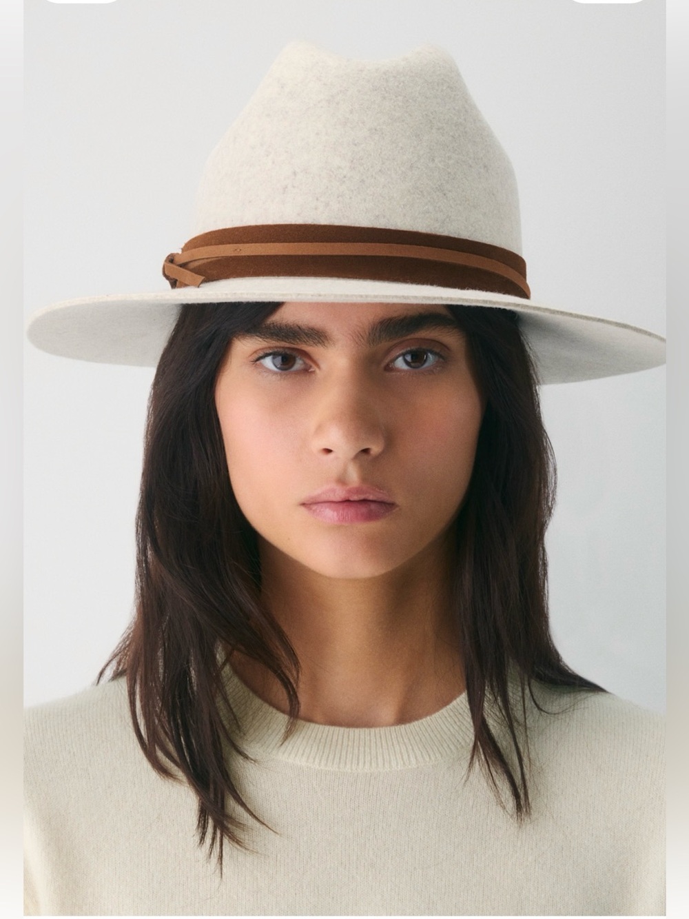 Aritzia Cream Felt Wide-Brim Hat with Brown Band - Picture 3 of 6